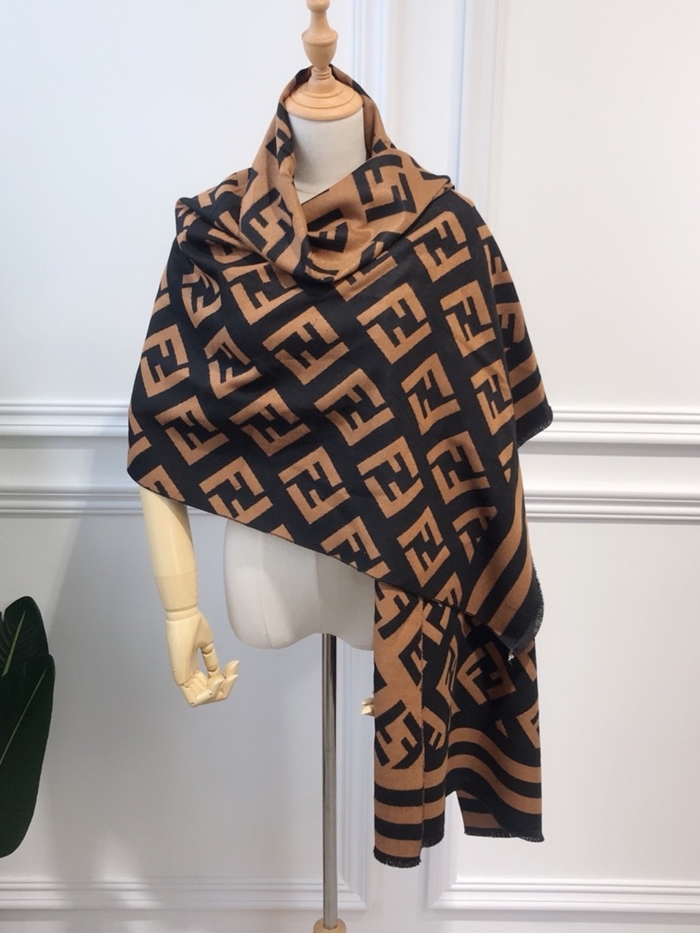 Black and Brown Signature-Pattern Shawl Wrap